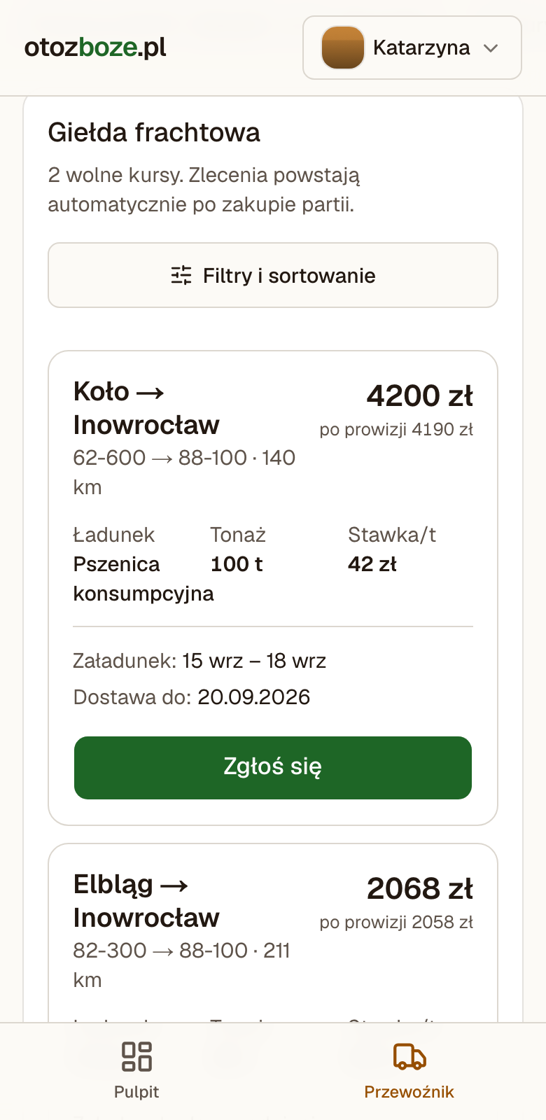 Giełda frachtowa na telefonie: kurs z Koła do Inowrocławia, 140 kilometrów, sto ton pszenicy, stawka za tonę i zarobek po prowizji, z przyciskiem Zgłoś się.