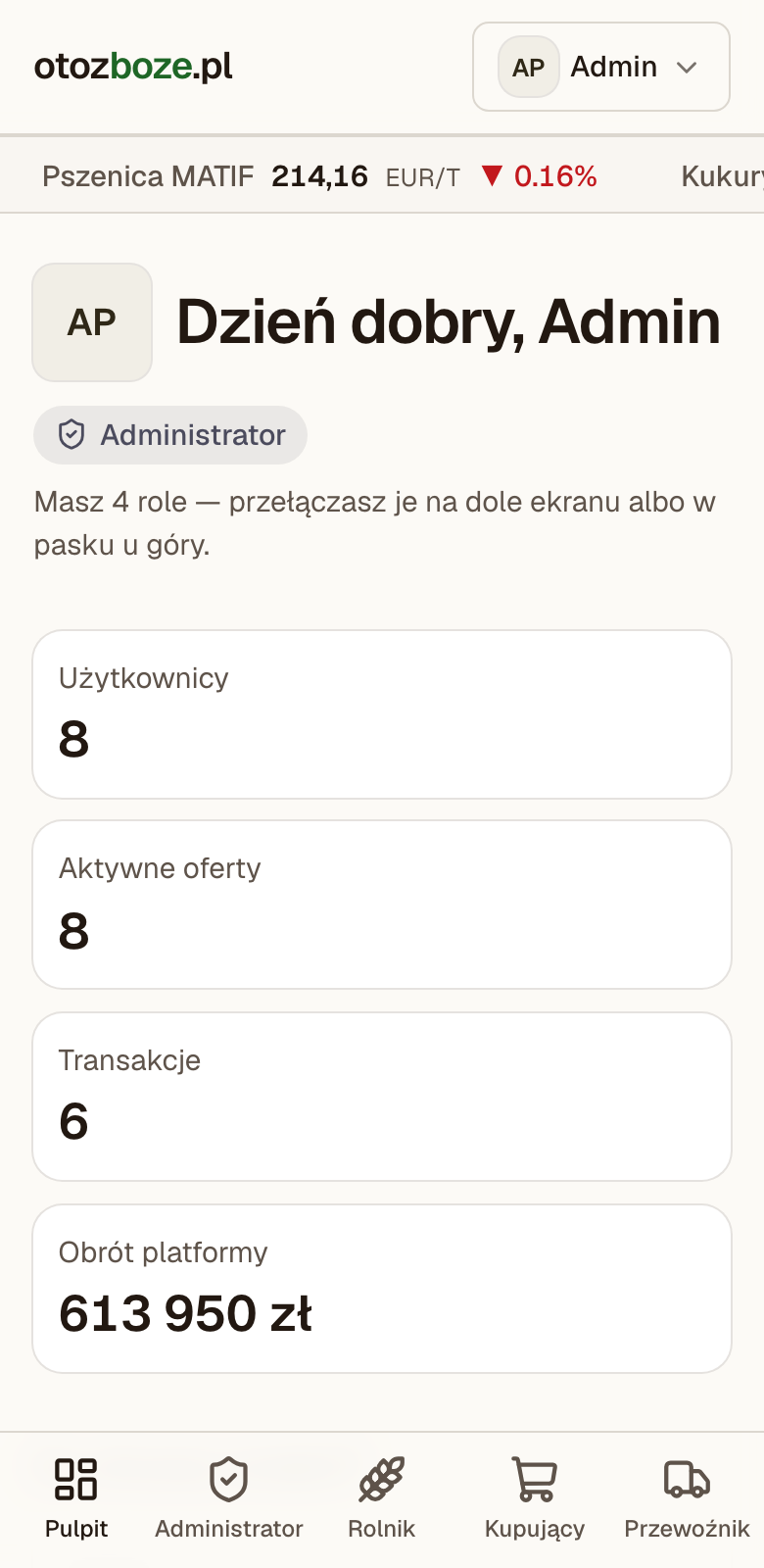 Pulpit na telefonie: kafelki z liczbą aktywnych ofert, rezerwacji i obrotu, oraz pasek przełączania ról na dole ekranu.
