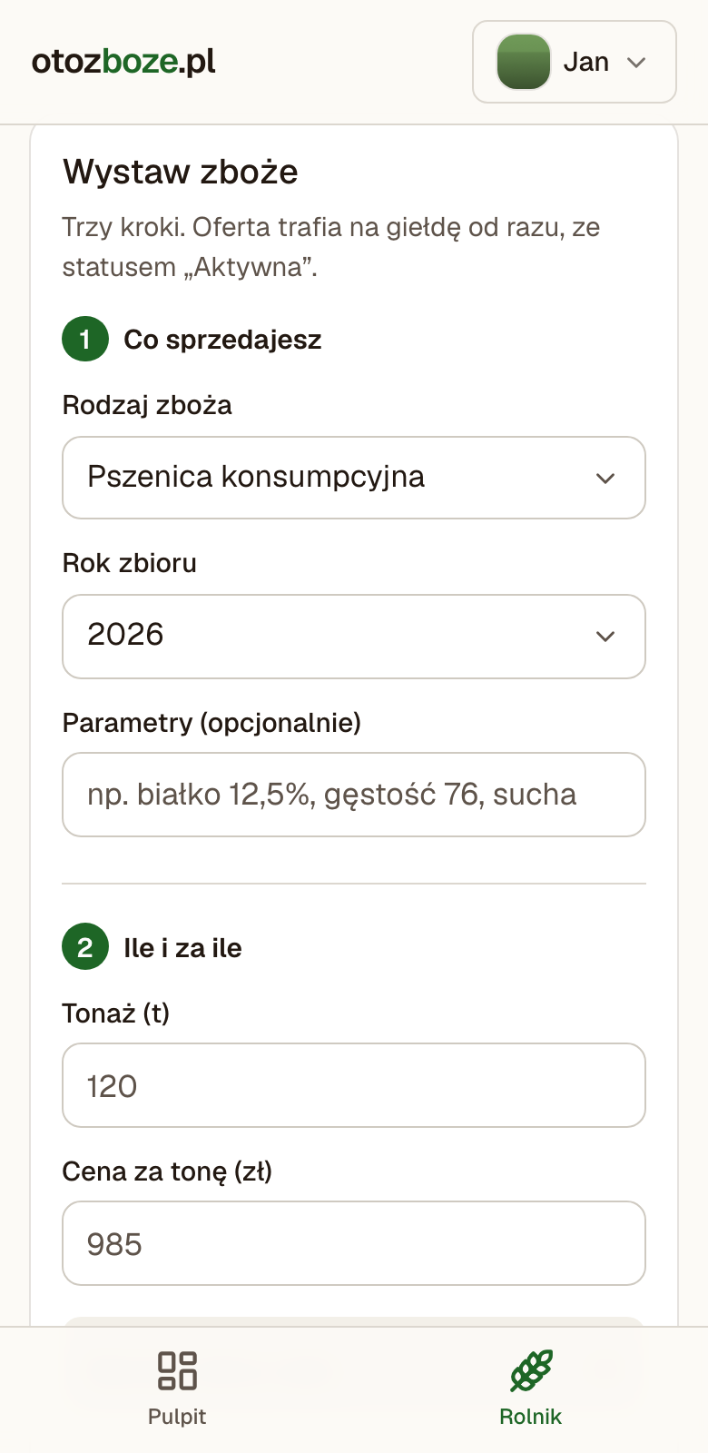 Formularz wystawienia partii na telefonie: numerowane kroki, wybór rodzaju zboża, rok zbioru, tonaż i cena za tonę.